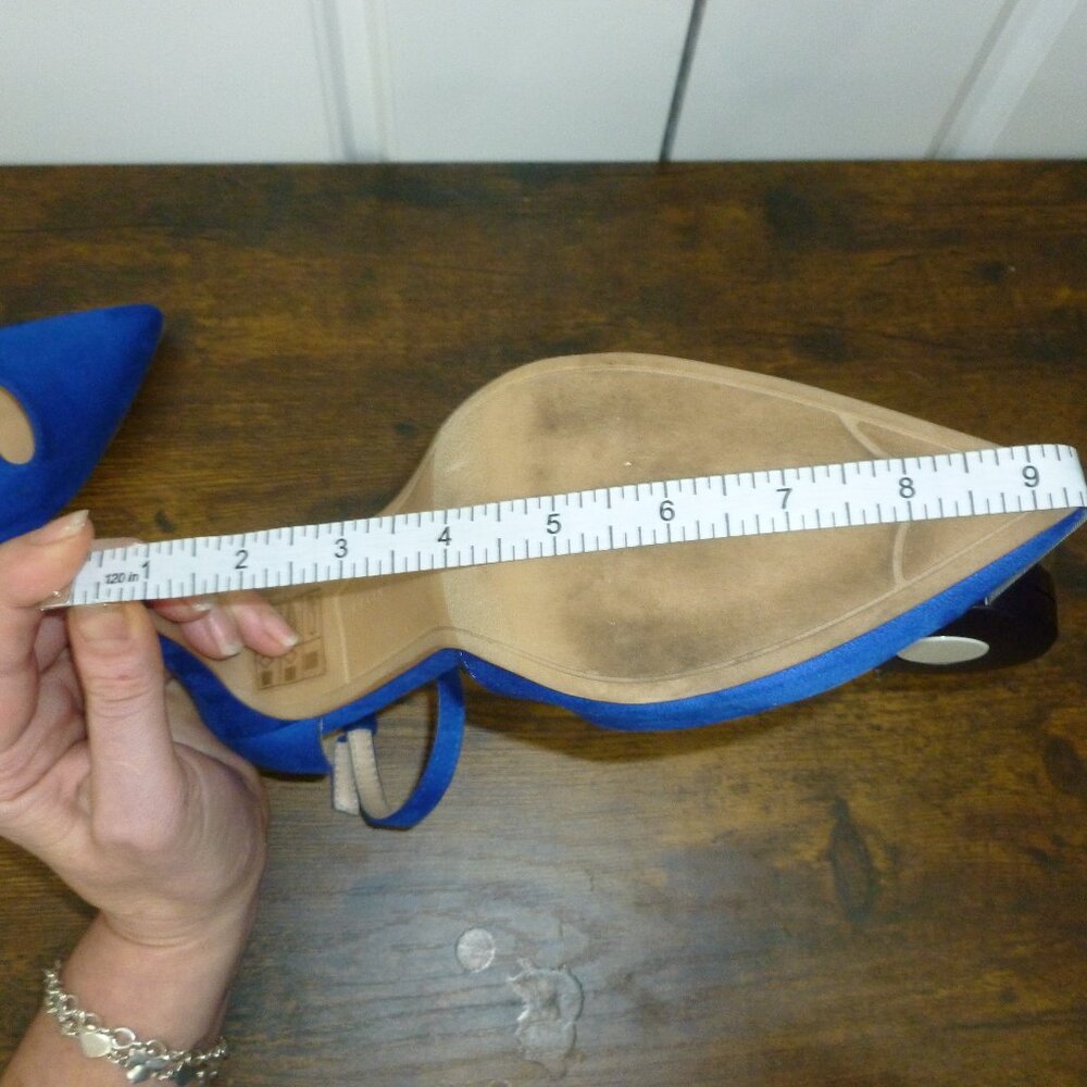 Kelly & Katie Bright Blue Pointed Closed Toe Pumps w/Adjustable Ankle Straps - Picture 16 of 16